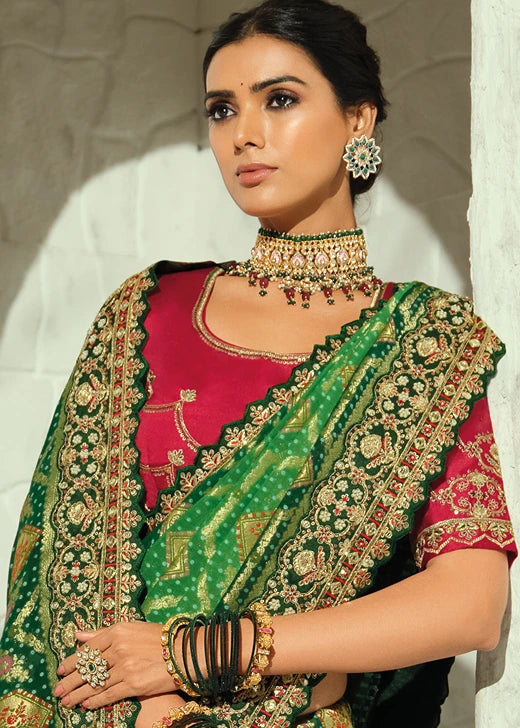 Green Ombre Banarasi Khaddi Georgette Saree & Red Blouse