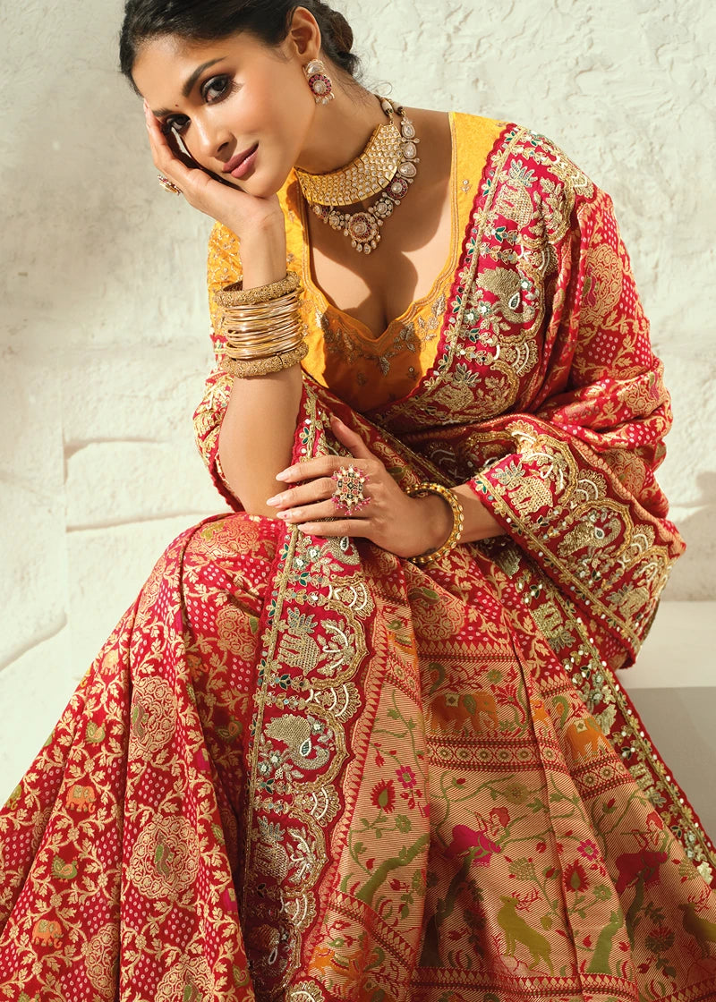 Red Bandhani Saree With Yellow Blouse