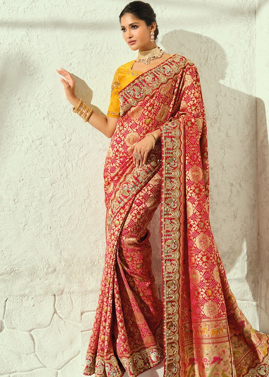 Red Bandhani Saree With Yellow Blouse