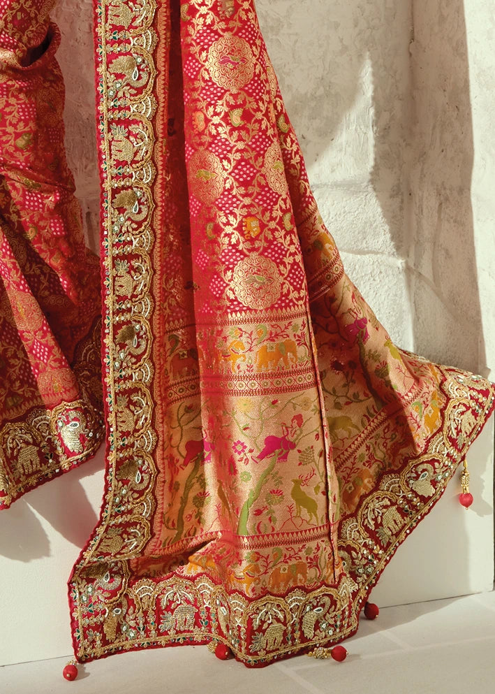 Red Bandhani Saree With Yellow Blouse