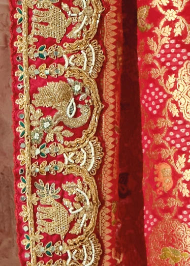 Red Bandhani Saree With Yellow Blouse