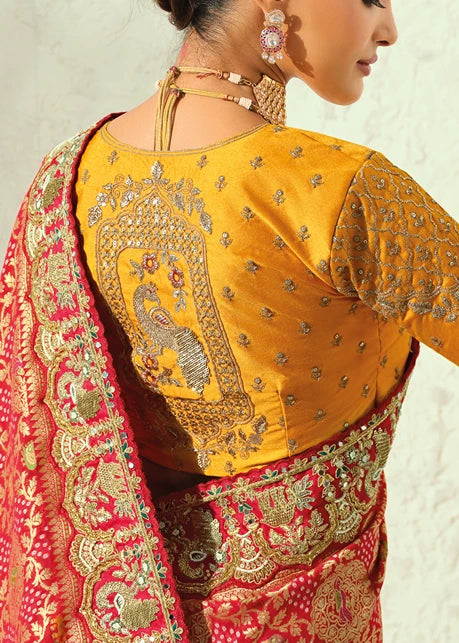 Red Bandhani Saree With Yellow Blouse