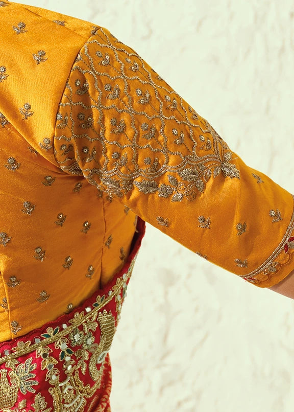 Red Bandhani Saree With Yellow Blouse
