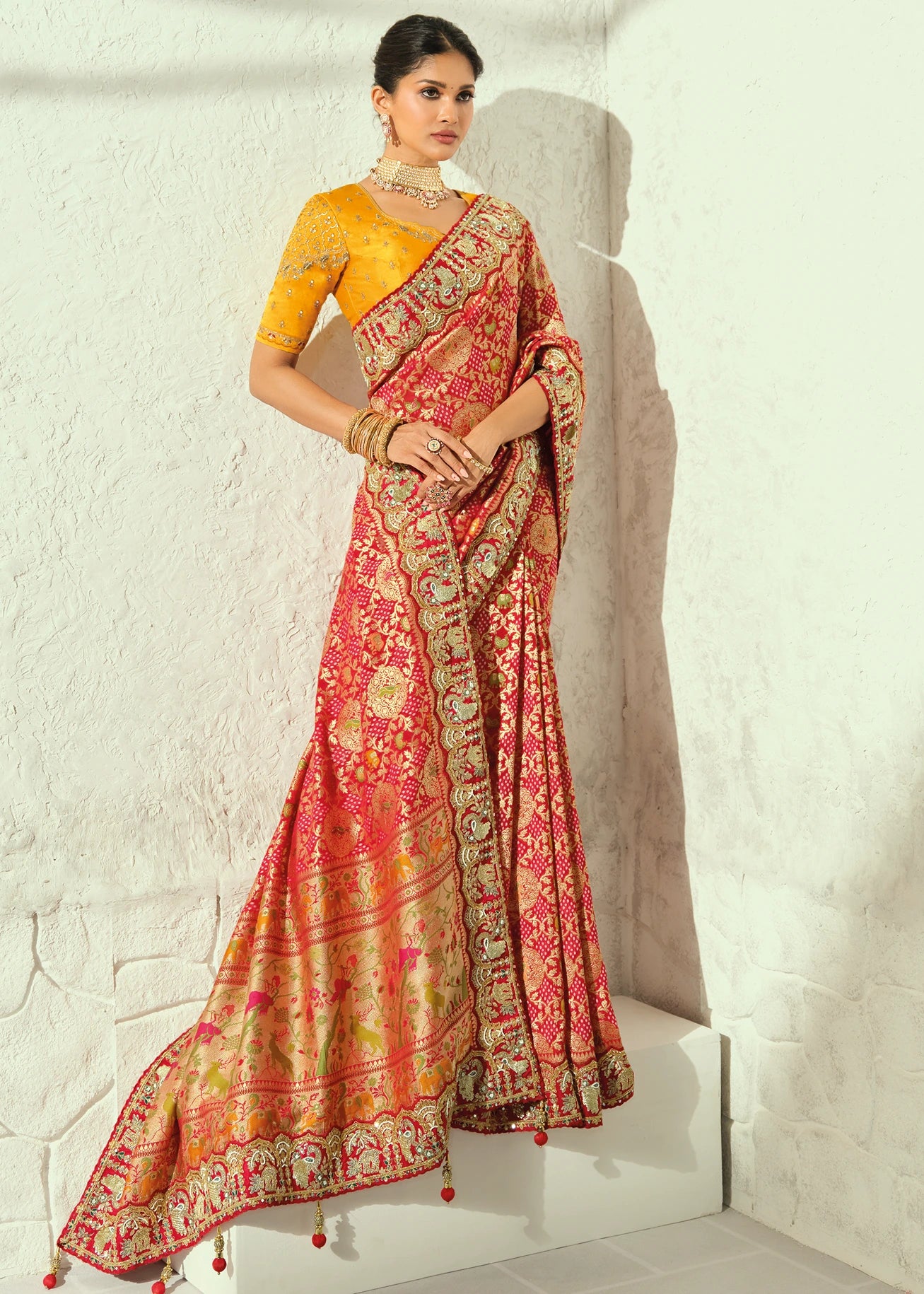 Red Bandhani Saree With Yellow Blouse