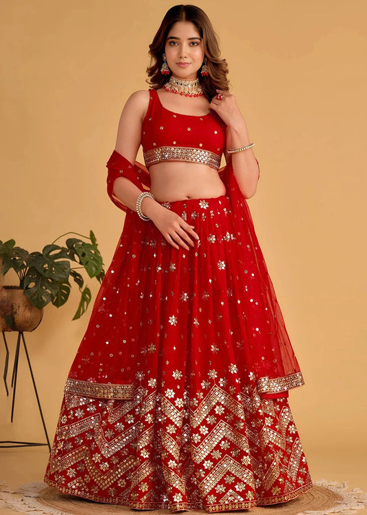 Red & Golden Sequins Work Georgette Lehenga Choli