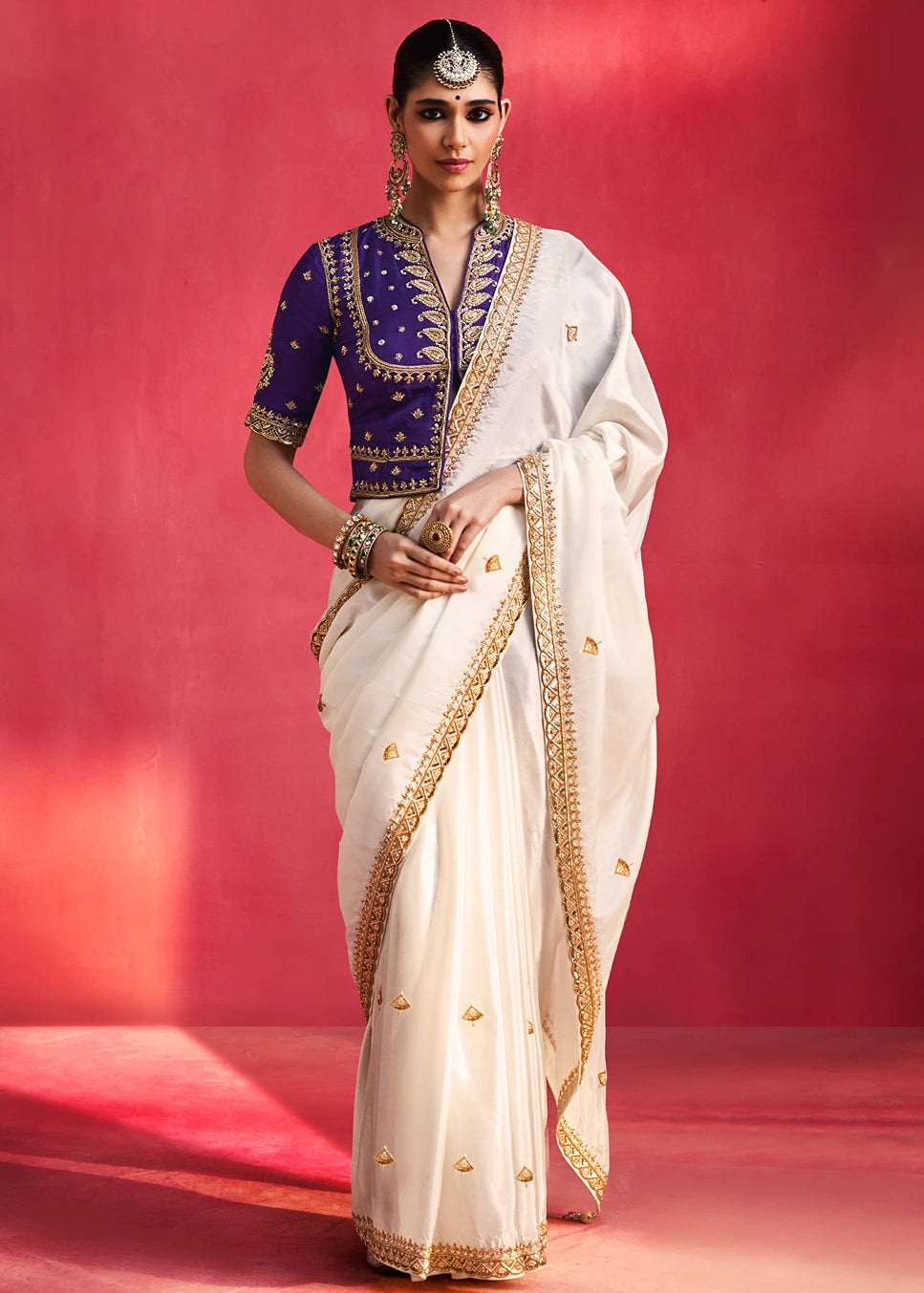Off White Silk Embroidered Saree & Purple Blouse