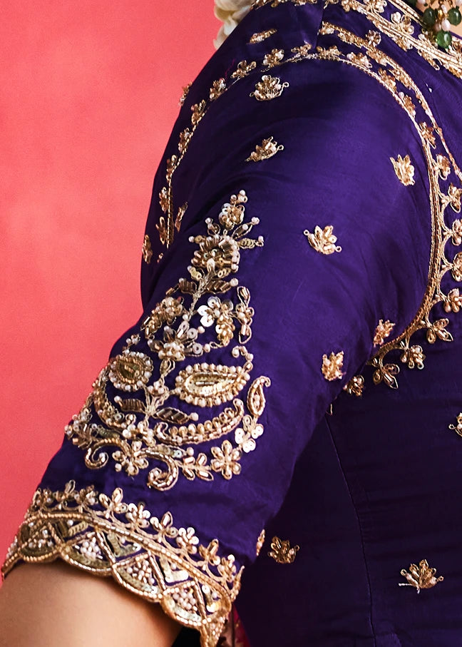 Off White Silk Embroidered Saree & Purple Blouse