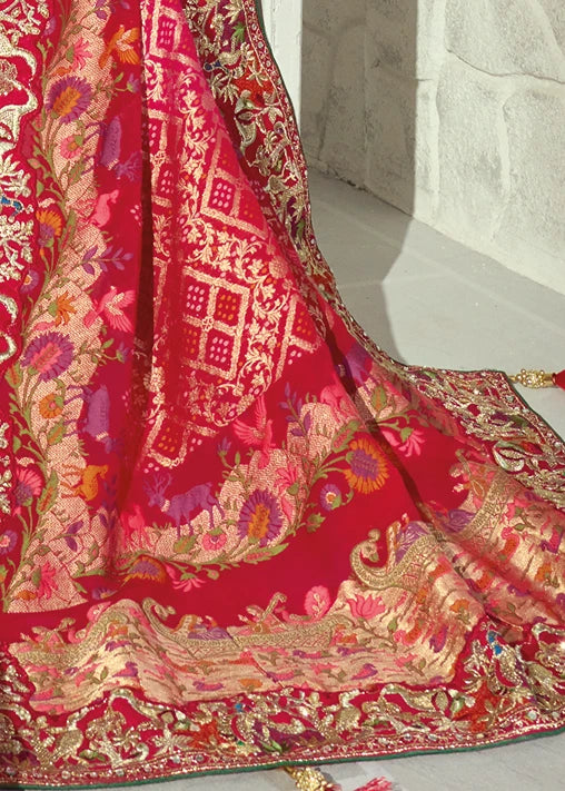 Rani Pink Bandhani Saree With Red Blouse