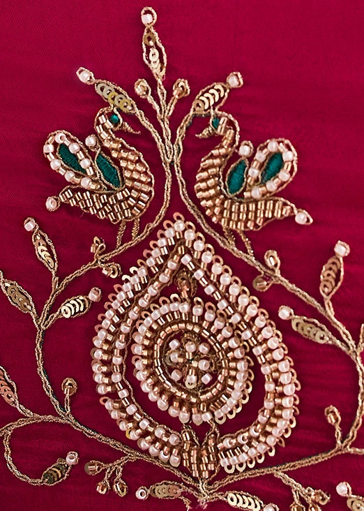 Green Silk Embroidered Saree & Red Blouse