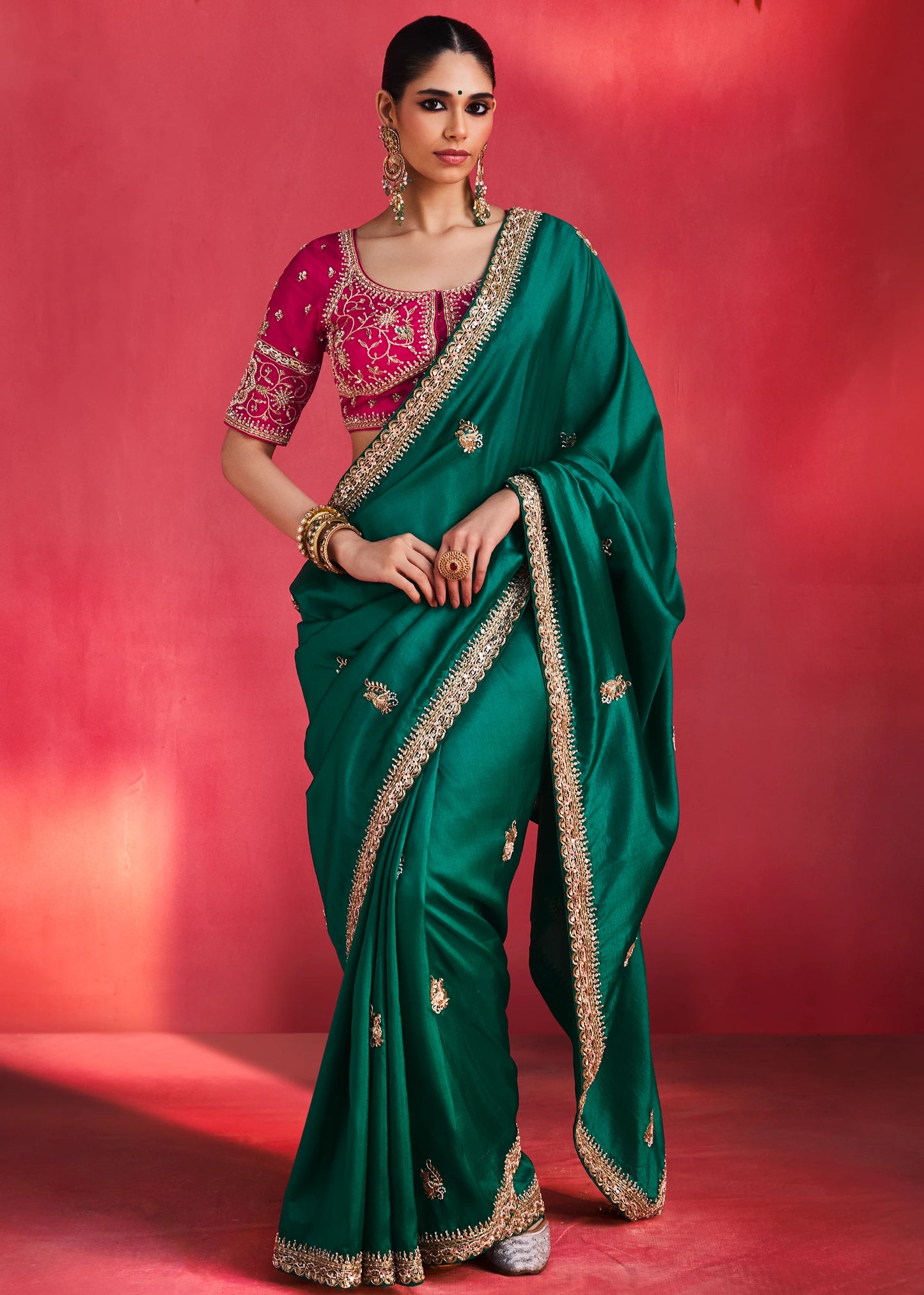 Green Silk Embroidered Saree & Red Blouse