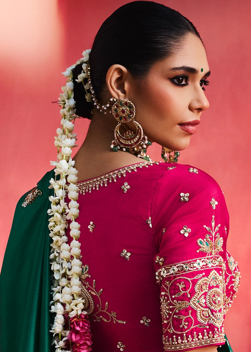 Green Silk Embroidered Saree & Red Blouse