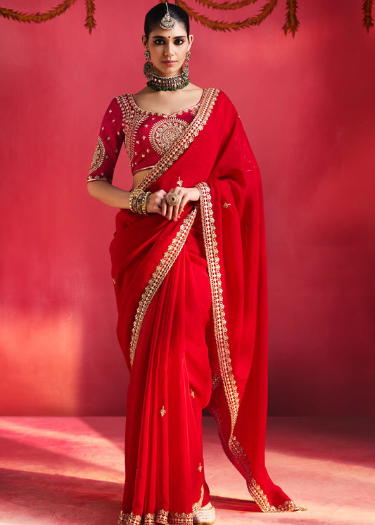 Red Silk Embroidered Saree