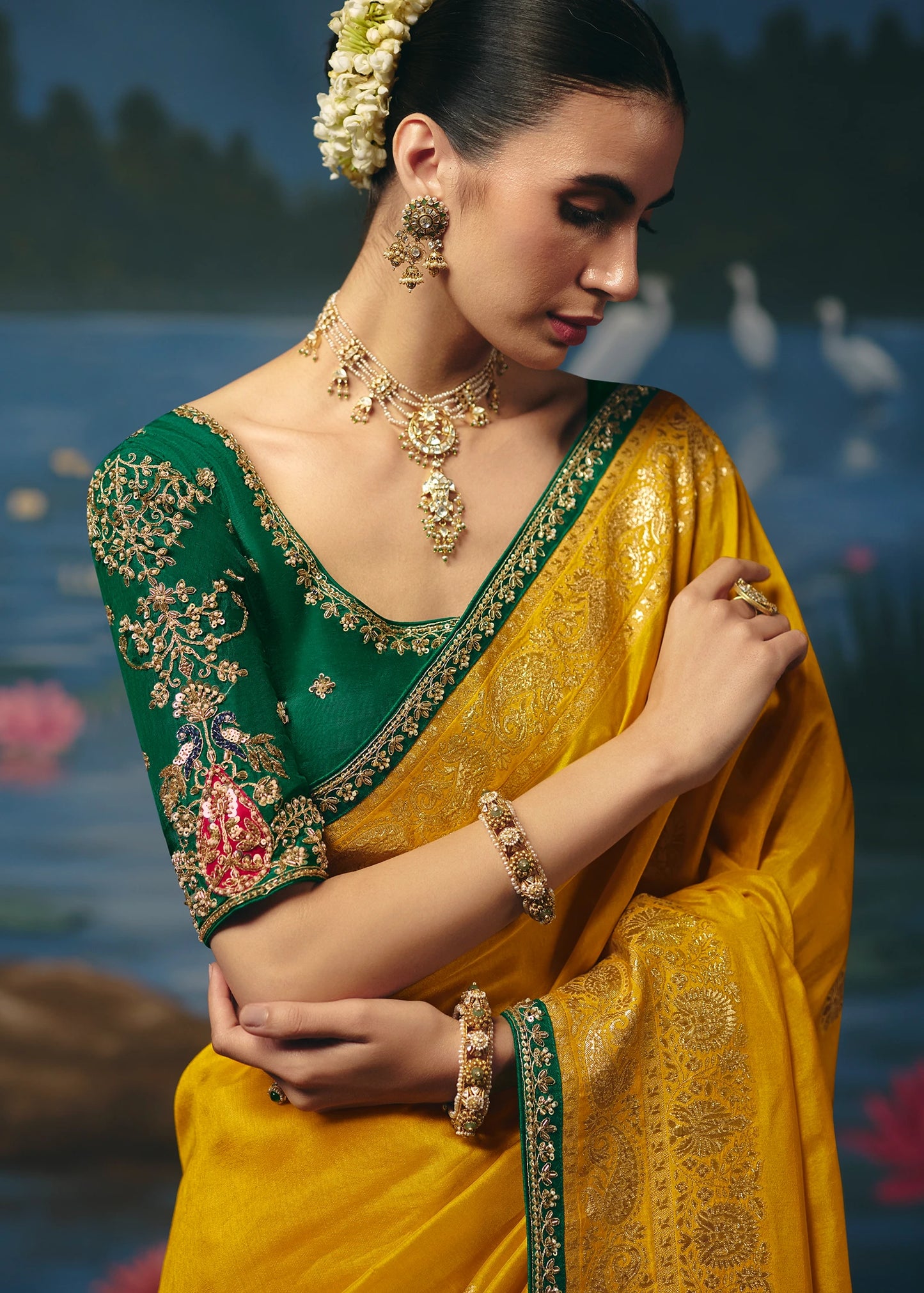 Yellow Banarasi Silk Bridal Saree & Green Embroidered Blouse