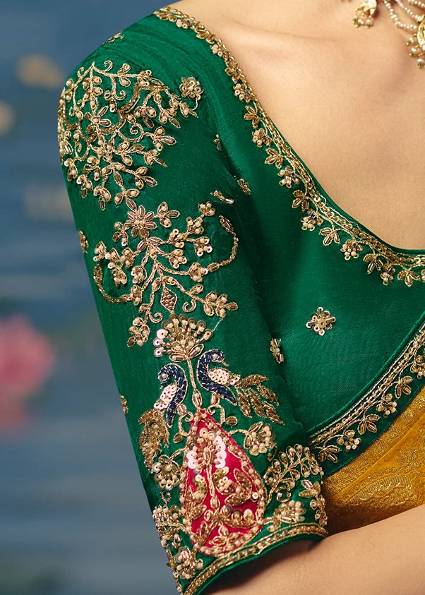 Yellow Banarasi Silk Bridal Saree & Green Embroidered Blouse