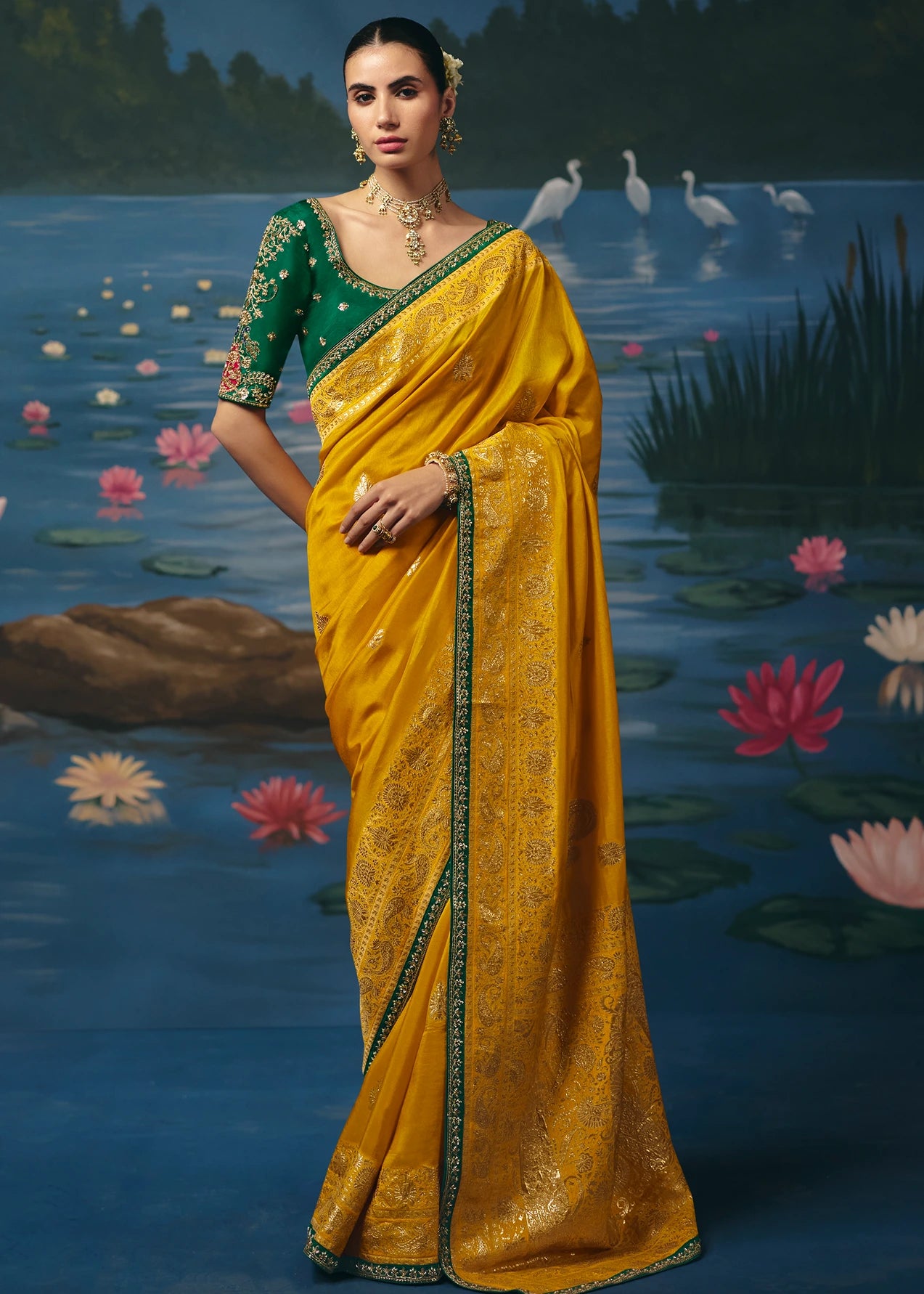 Yellow Banarasi Silk Bridal Saree & Green Embroidered Blouse