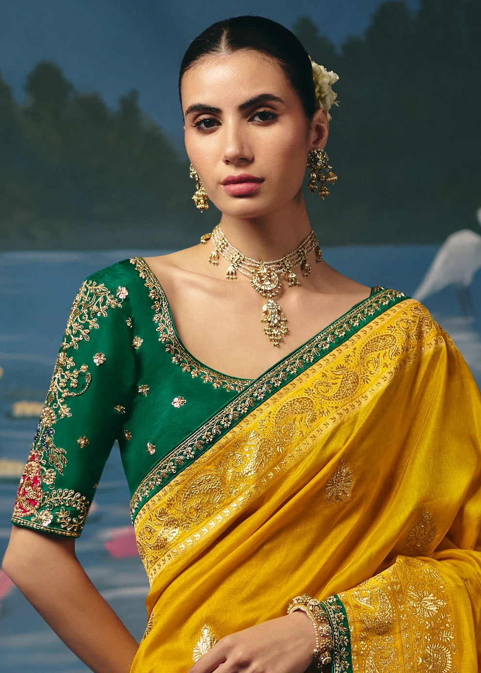Yellow Banarasi Silk Bridal Saree & Green Embroidered Blouse