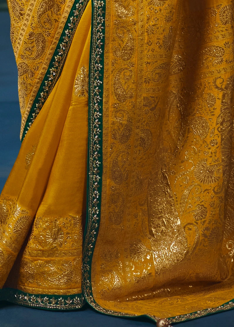 Yellow Banarasi Silk Bridal Saree & Green Embroidered Blouse