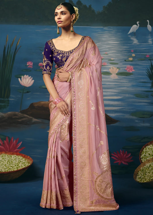 Lavender Purple Dola Banarasi Silk Saree & Embroidered Blouse