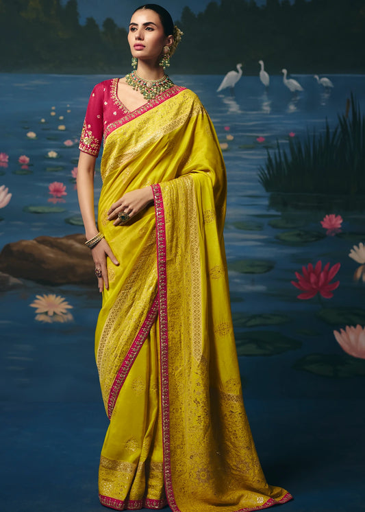 Yellow Dola Banarasi Silk Saree & Red Embroidered Blouse