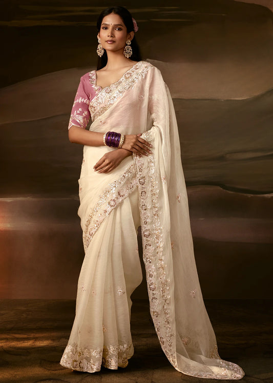 Off White Organza Tissue Silk Embroidered Saree with Pastel Pink Blouse