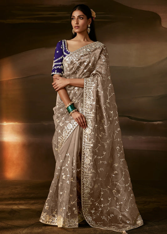 Beige Organza Tissue Silk Saree & Purple Blouse With Sequins Embroidery
