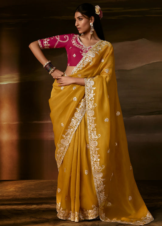 Yellow Organza Designer Handwork Saree