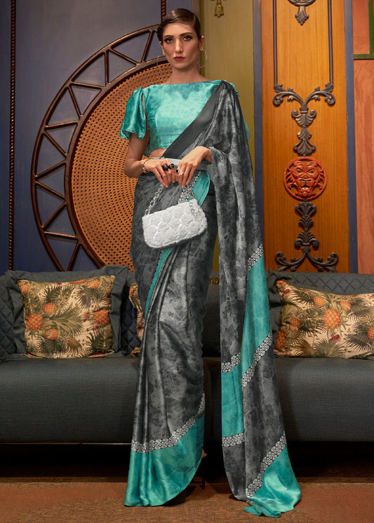 Pure Satin Crepe Silk Grey and Sea Green Printed Saree