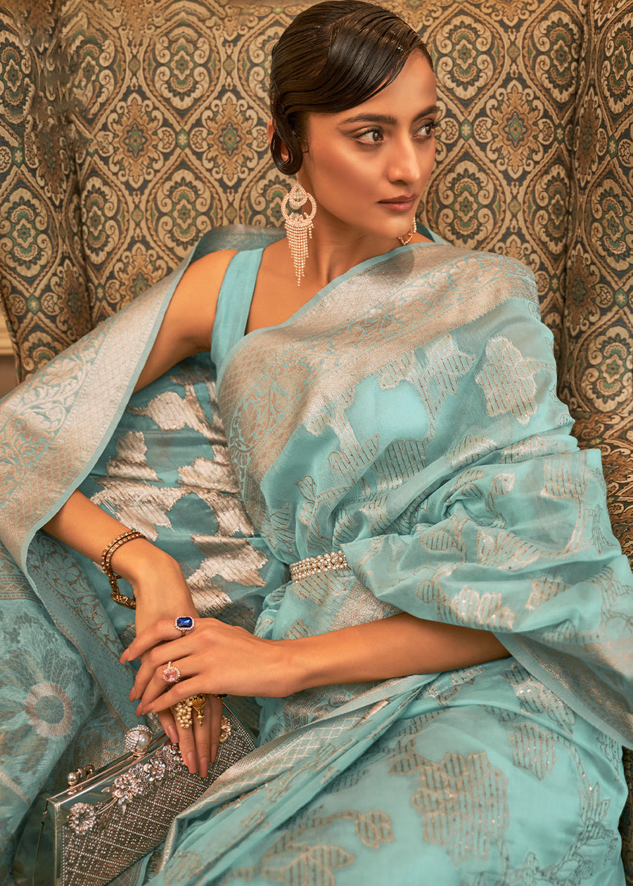 Handloom Banarasi Cotton Silk Pastel Blue Saree