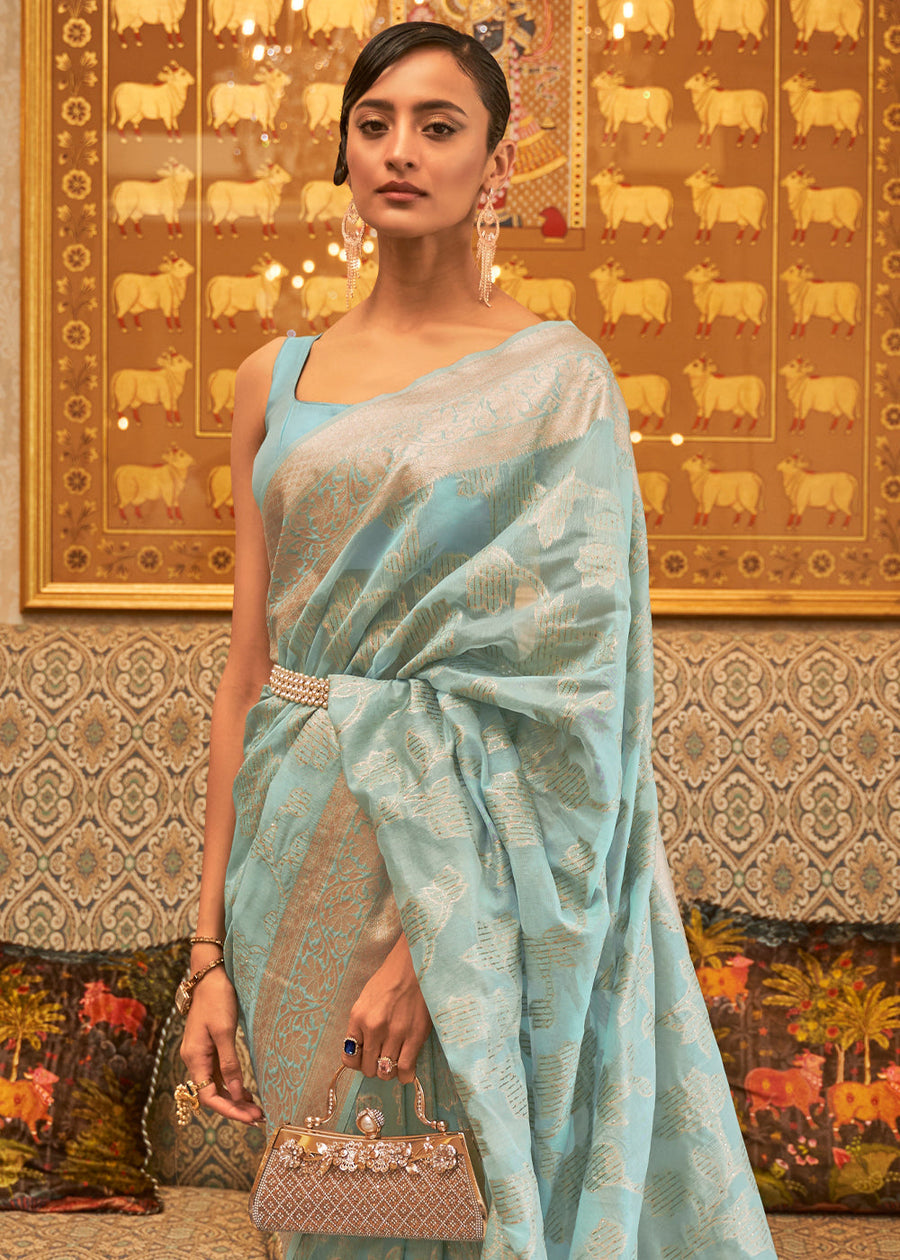 Handloom Banarasi Cotton Silk Pastel Blue Saree