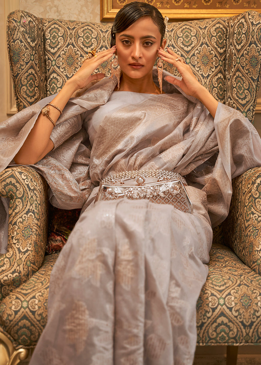 Handloom Banarasi Cotton Silk Grey Saree With Zari Weaving