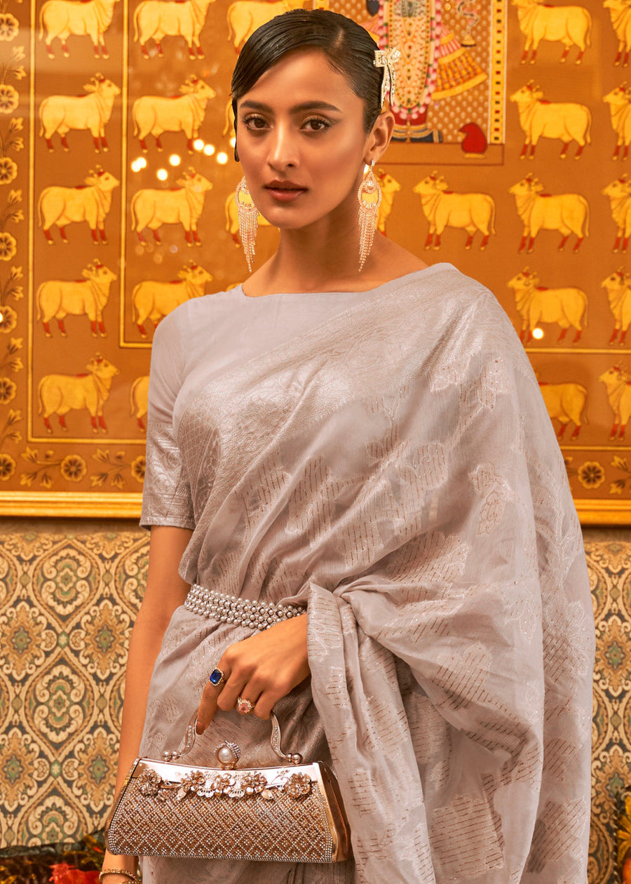 Handloom Banarasi Cotton Silk Grey Saree With Zari Weaving