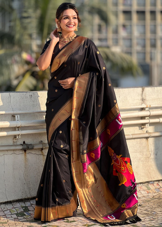 Black Handwoven Paithani Silk Saree