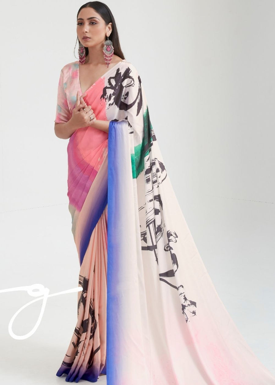 Pure Satin Silk Rose Peach Abstract Printed Multicolor Saree