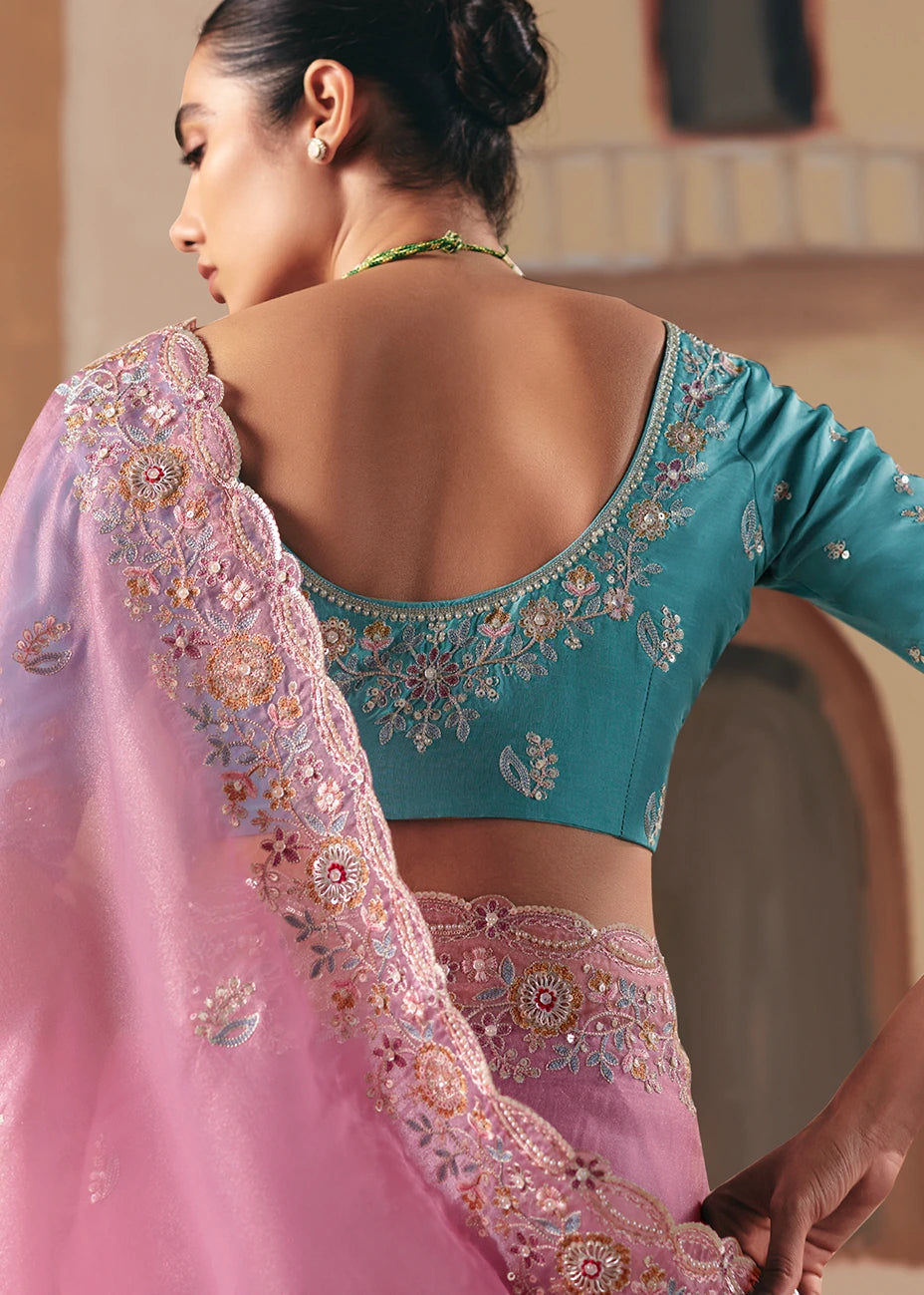 Pastel Pink Organza Tissue Silk Embroidered Bridal Saree & Blue Blouse