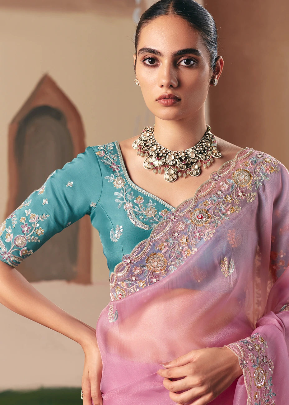 Pastel Pink Organza Tissue Silk Embroidered Bridal Saree & Blue Blouse