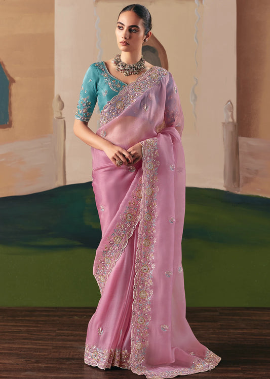 Pastel Pink Organza Tissue Silk Embroidered Bridal Saree & Blue Blouse
