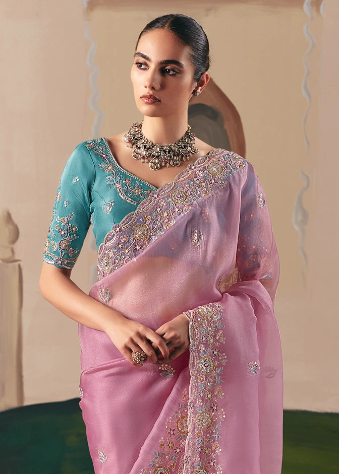 Pastel Pink Organza Tissue Silk Embroidered Bridal Saree & Blue Blouse