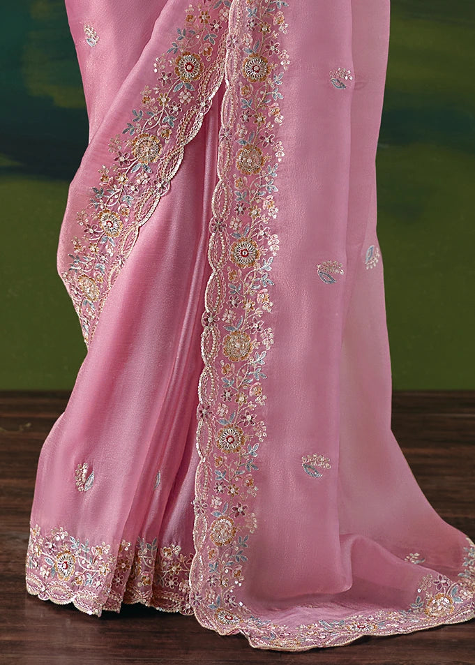 Pastel Pink Organza Tissue Silk Embroidered Bridal Saree & Blue Blouse
