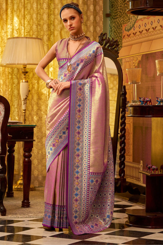 Pastel Pink Banarasi Tissue Silk Multicolor Weaving Border Saree