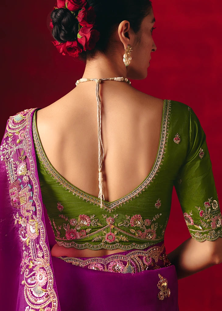 Designer Magenta Pink Organza Tissue Silk Embroidered Saree