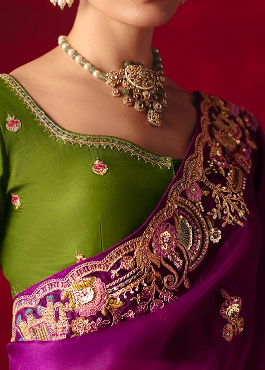 Designer Magenta Pink Organza Tissue Silk Embroidered Saree