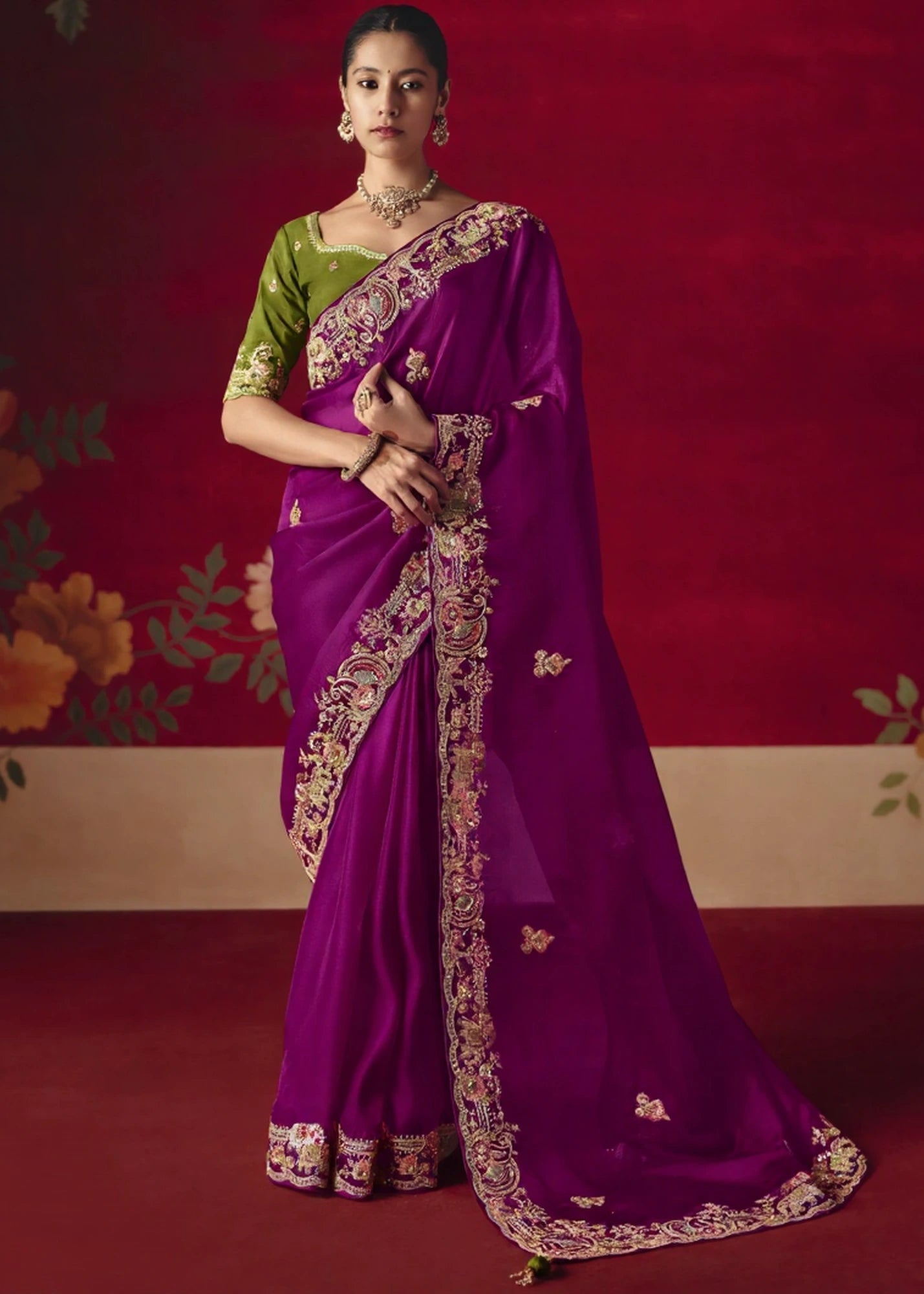 Designer Magenta Pink Organza Tissue Silk Embroidered Saree