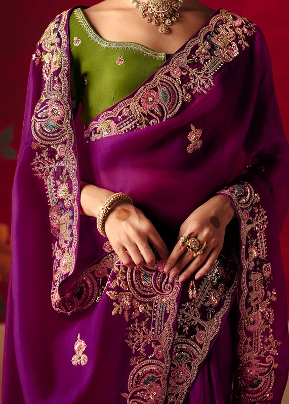 Designer Magenta Pink Organza Tissue Silk Embroidered Saree