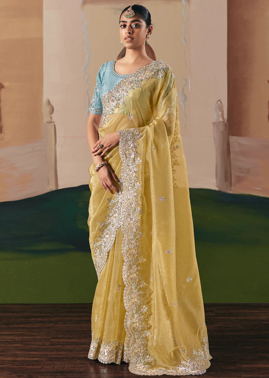 Pastel Yellow Organza Tissue Silk Embroidered Bridal Saree & Blue Blouse