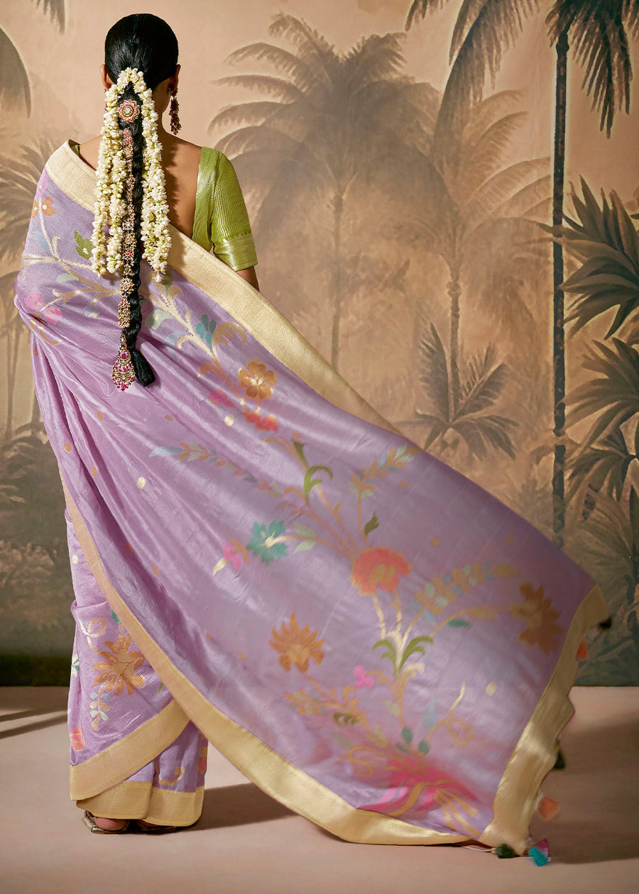 Purple Soft Banarasi Silk Handloom Saree With Green Blouse