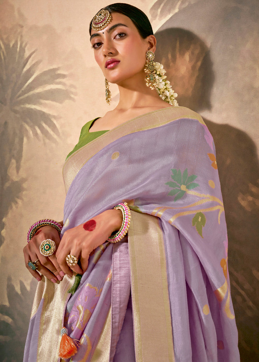 Purple Soft Banarasi Silk Handloom Saree With Green Blouse