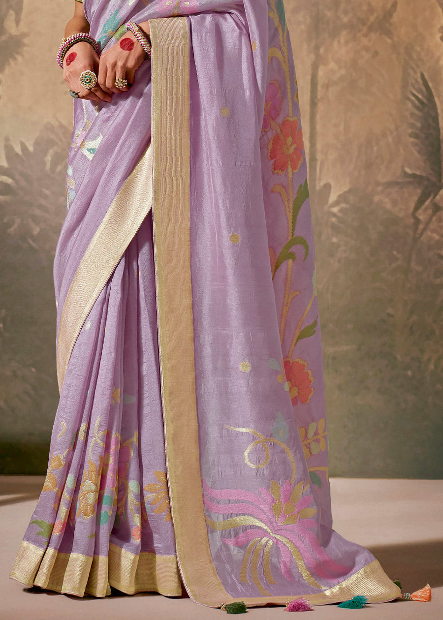 Purple Soft Banarasi Silk Handloom Saree With Green Blouse