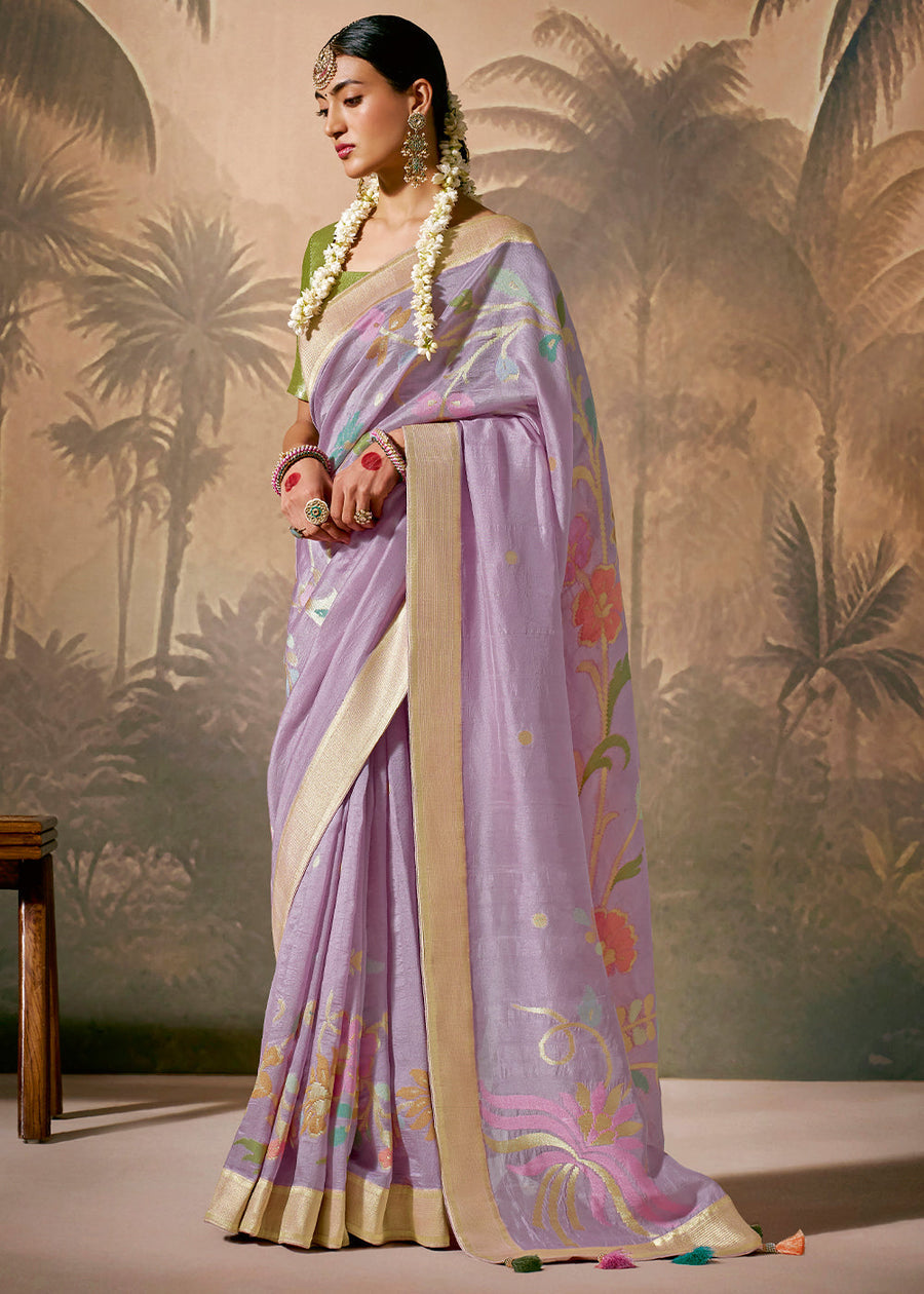 Purple Soft Banarasi Silk Handloom Saree With Green Blouse