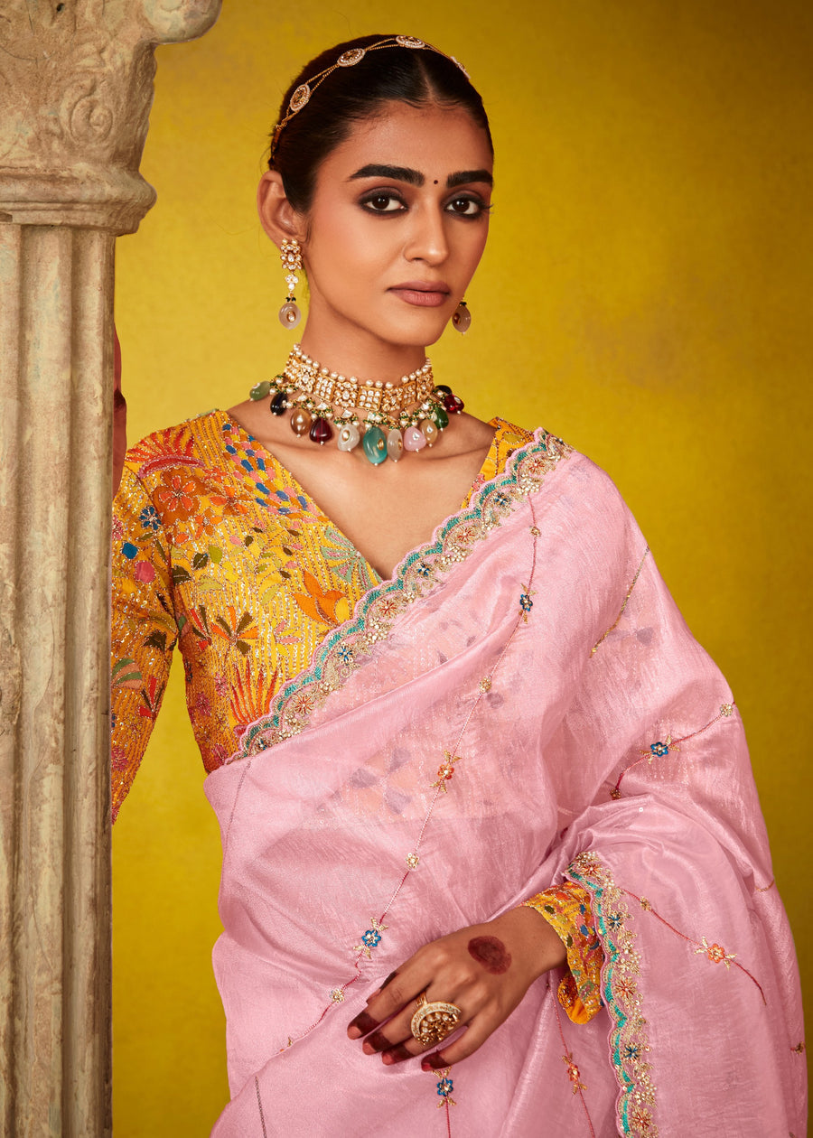Pastel Pink Glass Tissue Silk Embroidered Saree & Yellow Printed Blouse