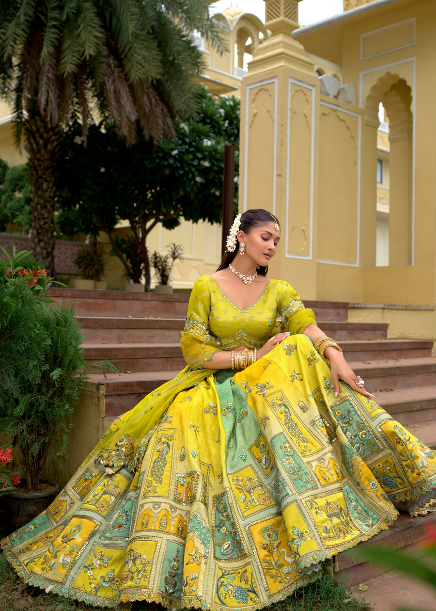 Lime Yellow and Aqua Blue Silk Bridal Lehenga Choli